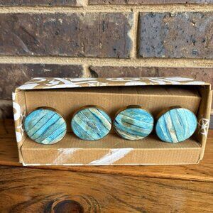 Set Of 4 Turquoise Blue Bone Inlay Brass Knobs Bone Strips Cabinet Knob & Pull